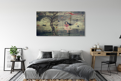 akrylový obraz Strom ptáci mraky dívka rocková