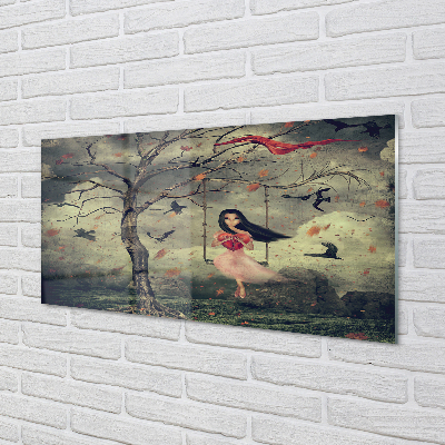 akrylový obraz Strom ptáci mraky dívka rocková