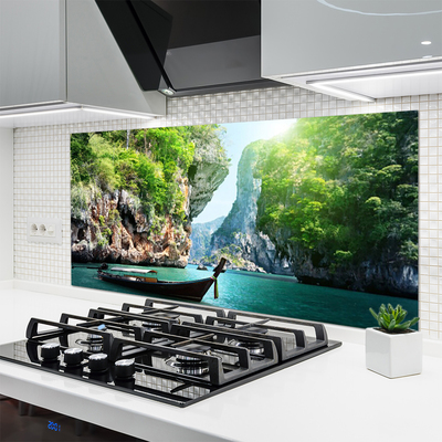 Kuchyňský skleněný panel Hora Voda Loďka Příroda